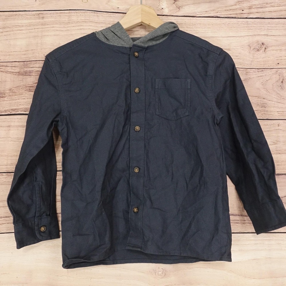 New! OshKosh B'gosh Shirt Boys 8 Blue Hooded Button-Up Long Sleeve Cotton Top